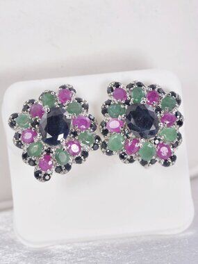 Natural Genuine Emerald, Ruby, Sapphire Earrings 925 Sterling